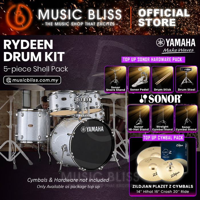 Yamaha Rydeen 5-Piece Acoustic Drum Kit – 20" Bass Drum – Shell Pack Only or Complete Package with Hardware & Cymbals - Silver Glitter