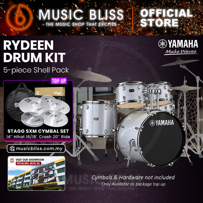 Yamaha Rydeen 5-Piece Acoustic Drum Kit – 20" Bass Drum – Shell Pack Only or Complete Package with Hardware & Cymbals - Silver Glitter