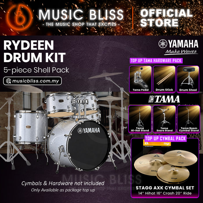Yamaha Rydeen 5-Piece Acoustic Drum Kit – 20" Bass Drum – Shell Pack Only or Complete Package with Hardware & Cymbals - Silver Glitter