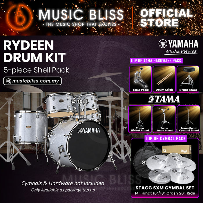 Yamaha Rydeen 5-Piece Acoustic Drum Kit – 20" Bass Drum – Shell Pack Only or Complete Package with Hardware & Cymbals - Silver Glitter