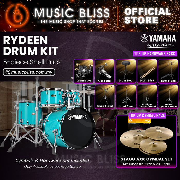 Yamaha Rydeen 5-Piece Acoustic Drum Kit – 20" Bass Drum – Shell Pack Only or Complete Package with Hardware & Cymbals - Turquoise Glitter