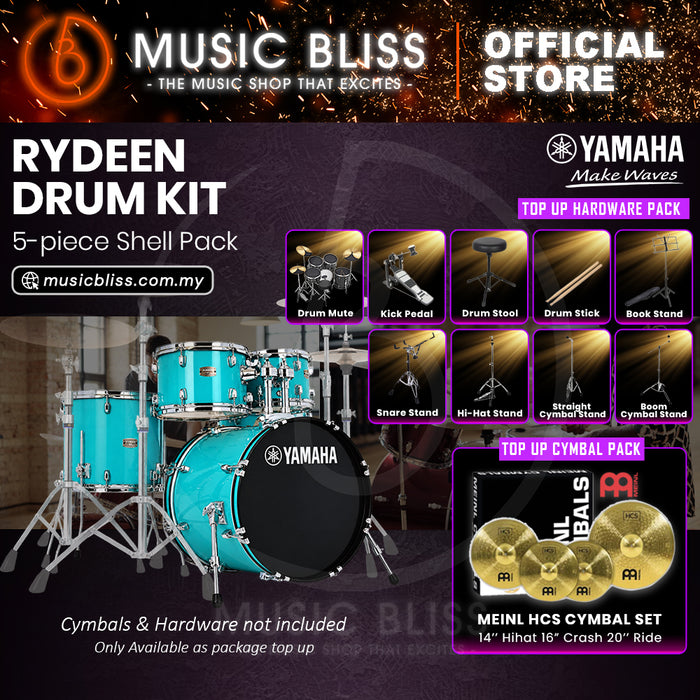 Yamaha Rydeen 5-Piece Acoustic Drum Kit – 20" Bass Drum – Shell Pack Only or Complete Package with Hardware & Cymbals - Turquoise Glitter