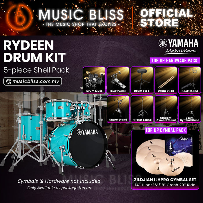 Yamaha Rydeen 5-Piece Acoustic Drum Kit – 20" Bass Drum – Shell Pack Only or Complete Package with Hardware & Cymbals - Turquoise Glitter