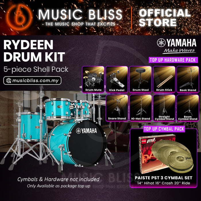 Yamaha Rydeen 5-Piece Acoustic Drum Kit – 20" Bass Drum – Shell Pack Only or Complete Package with Hardware & Cymbals - Turquoise Glitter