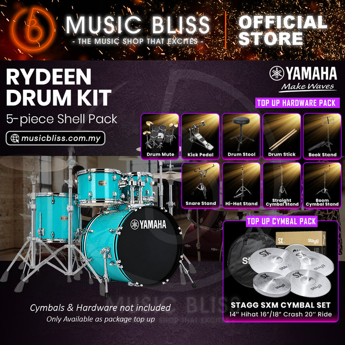 Yamaha Rydeen 5-Piece Acoustic Drum Kit – 20" Bass Drum – Shell Pack Only or Complete Package with Hardware & Cymbals - Turquoise Glitter