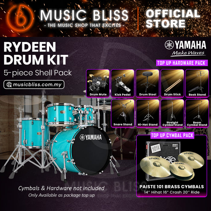 Yamaha Rydeen 5-Piece Acoustic Drum Kit – 20" Bass Drum – Shell Pack Only or Complete Package with Hardware & Cymbals - Turquoise Glitter