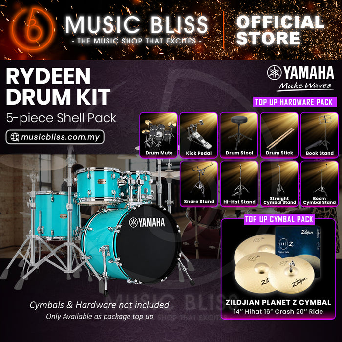 Yamaha Rydeen 5-Piece Acoustic Drum Kit – 20" Bass Drum – Shell Pack Only or Complete Package with Hardware & Cymbals - Turquoise Glitter