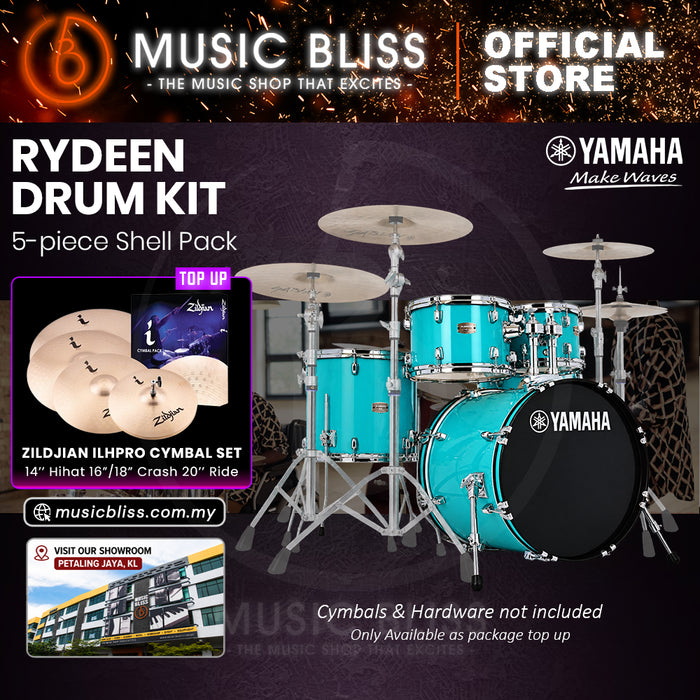 Yamaha Rydeen 5-Piece Acoustic Drum Kit – 20" Bass Drum – Shell Pack Only or Complete Package with Hardware & Cymbals - Turquoise Glitter