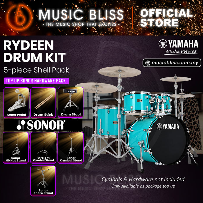 Yamaha Rydeen 5-Piece Acoustic Drum Kit – 20" Bass Drum – Shell Pack Only or Complete Package with Hardware & Cymbals - Turquoise Glitter