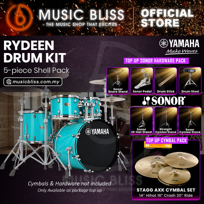 Yamaha Rydeen 5-Piece Acoustic Drum Kit – 20" Bass Drum – Shell Pack Only or Complete Package with Hardware & Cymbals - Turquoise Glitter