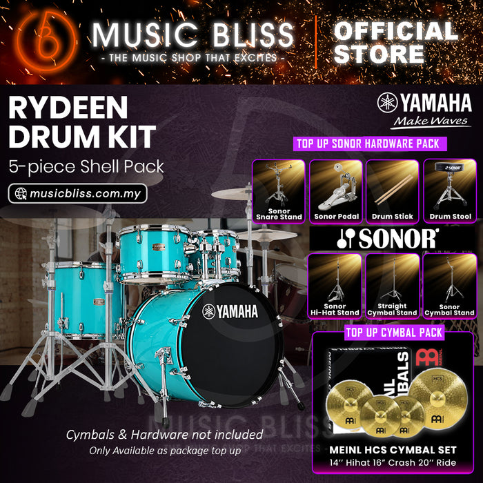 Yamaha Rydeen 5-Piece Acoustic Drum Kit – 20" Bass Drum – Shell Pack Only or Complete Package with Hardware & Cymbals - Turquoise Glitter