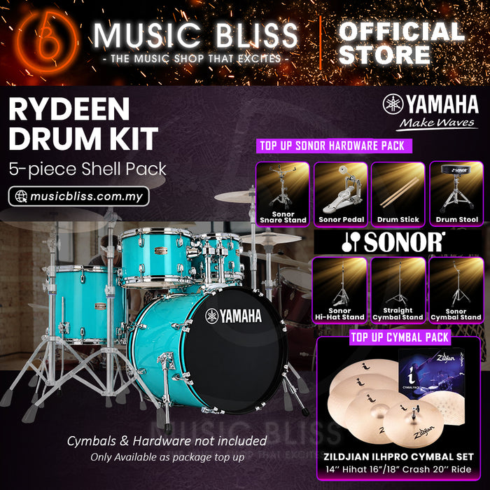 Yamaha Rydeen 5-Piece Acoustic Drum Kit – 20" Bass Drum – Shell Pack Only or Complete Package with Hardware & Cymbals - Turquoise Glitter