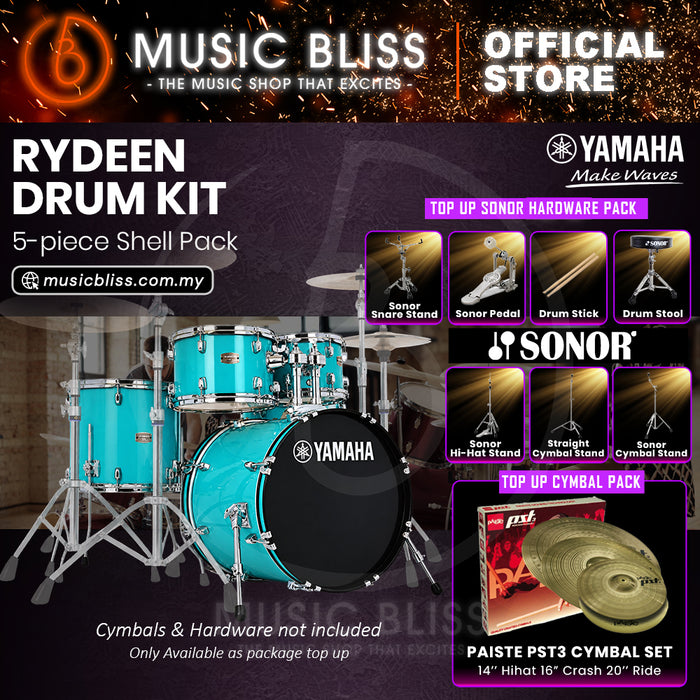 Yamaha Rydeen 5-Piece Acoustic Drum Kit – 20" Bass Drum – Shell Pack Only or Complete Package with Hardware & Cymbals - Turquoise Glitter