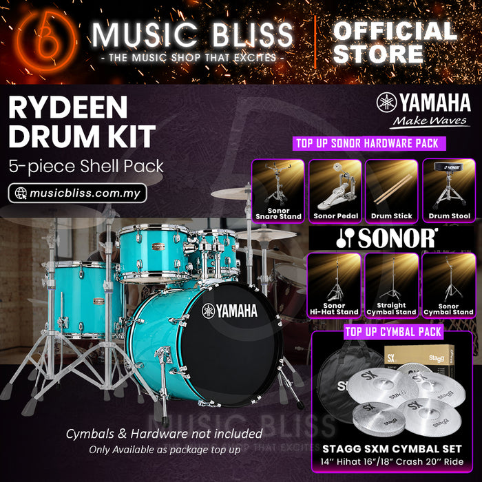 Yamaha Rydeen 5-Piece Acoustic Drum Kit – 20" Bass Drum – Shell Pack Only or Complete Package with Hardware & Cymbals - Turquoise Glitter
