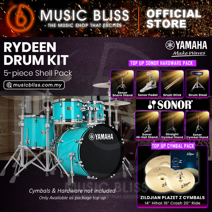 Yamaha Rydeen 5-Piece Acoustic Drum Kit – 20" Bass Drum – Shell Pack Only or Complete Package with Hardware & Cymbals - Turquoise Glitter