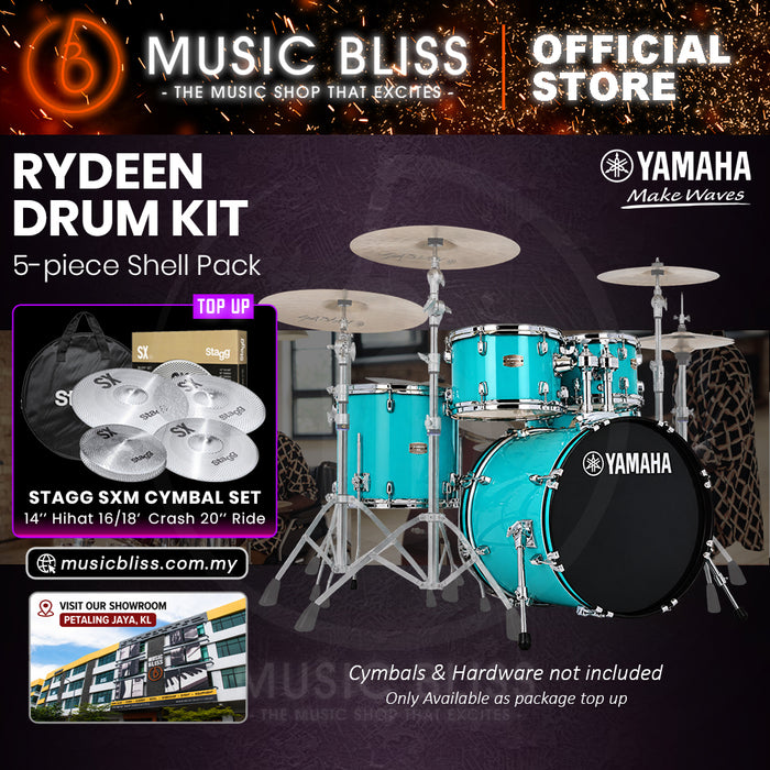 Yamaha Rydeen 5-Piece Acoustic Drum Kit – 20" Bass Drum – Shell Pack Only or Complete Package with Hardware & Cymbals - Turquoise Glitter