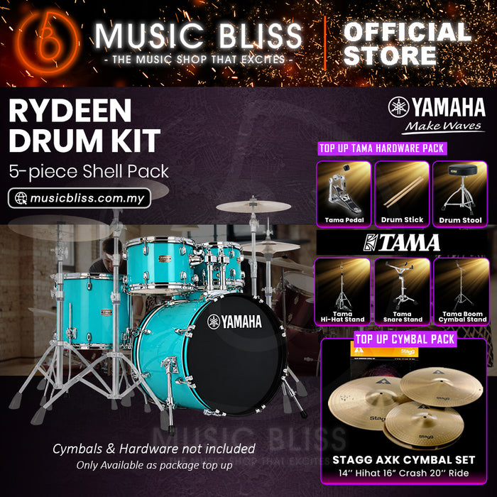 Yamaha Rydeen 5-Piece Acoustic Drum Kit – 20" Bass Drum – Shell Pack Only or Complete Package with Hardware & Cymbals - Turquoise Glitter