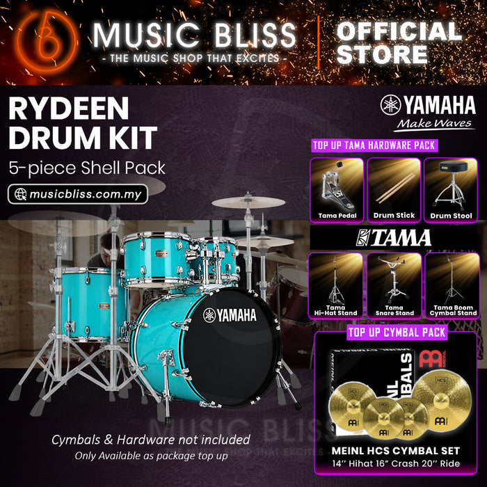 Yamaha Rydeen 5-Piece Acoustic Drum Kit – 20" Bass Drum – Shell Pack Only or Complete Package with Hardware & Cymbals - Turquoise Glitter