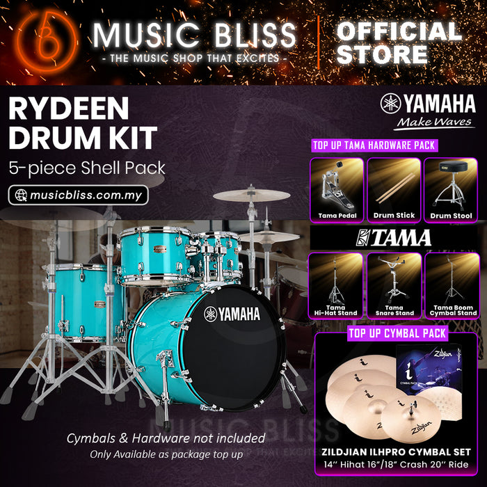 Yamaha Rydeen 5-Piece Acoustic Drum Kit – 20" Bass Drum – Shell Pack Only or Complete Package with Hardware & Cymbals - Turquoise Glitter
