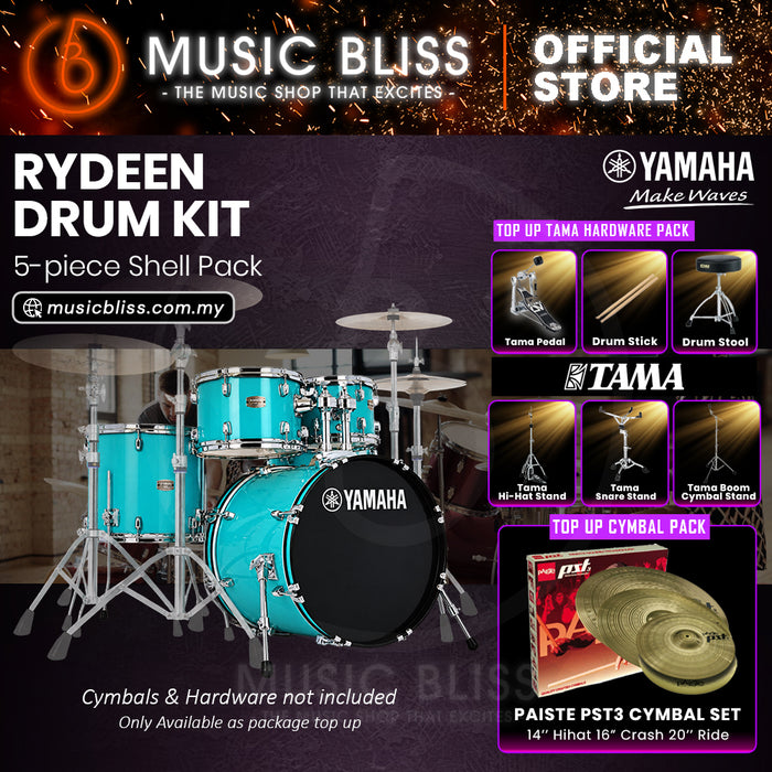 Yamaha Rydeen 5-Piece Acoustic Drum Kit – 20" Bass Drum – Shell Pack Only or Complete Package with Hardware & Cymbals - Turquoise Glitter