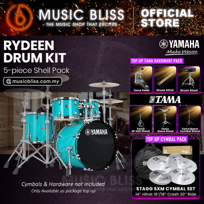 Yamaha Rydeen 5-Piece Acoustic Drum Kit – 20" Bass Drum – Shell Pack Only or Complete Package with Hardware & Cymbals - Turquoise Glitter