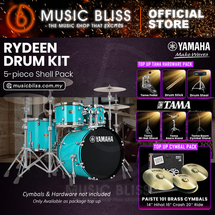 Yamaha Rydeen 5-Piece Acoustic Drum Kit – 20" Bass Drum – Shell Pack Only or Complete Package with Hardware & Cymbals - Turquoise Glitter