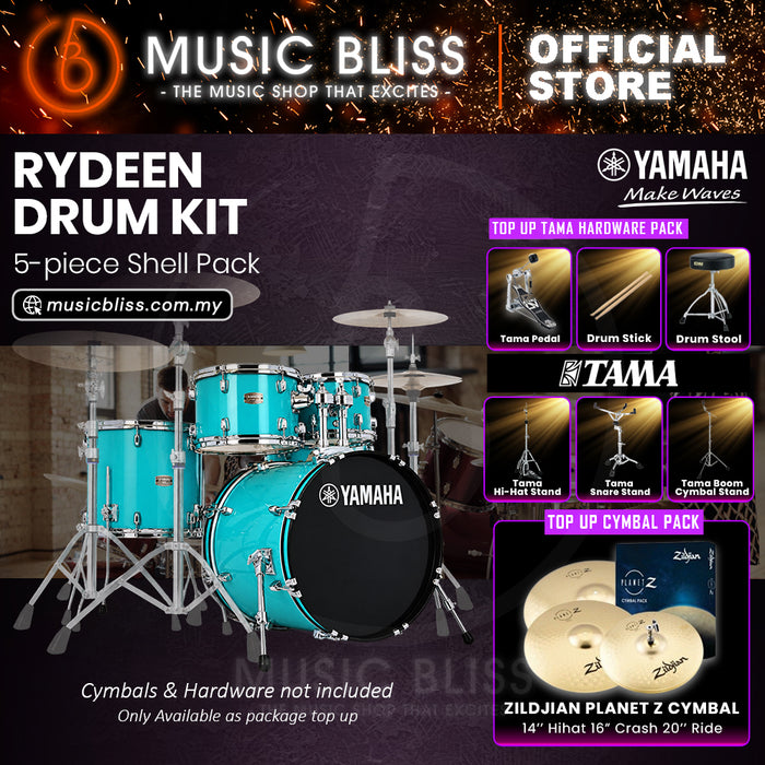 Yamaha Rydeen 5-Piece Acoustic Drum Kit – 20" Bass Drum – Shell Pack Only or Complete Package with Hardware & Cymbals - Turquoise Glitter