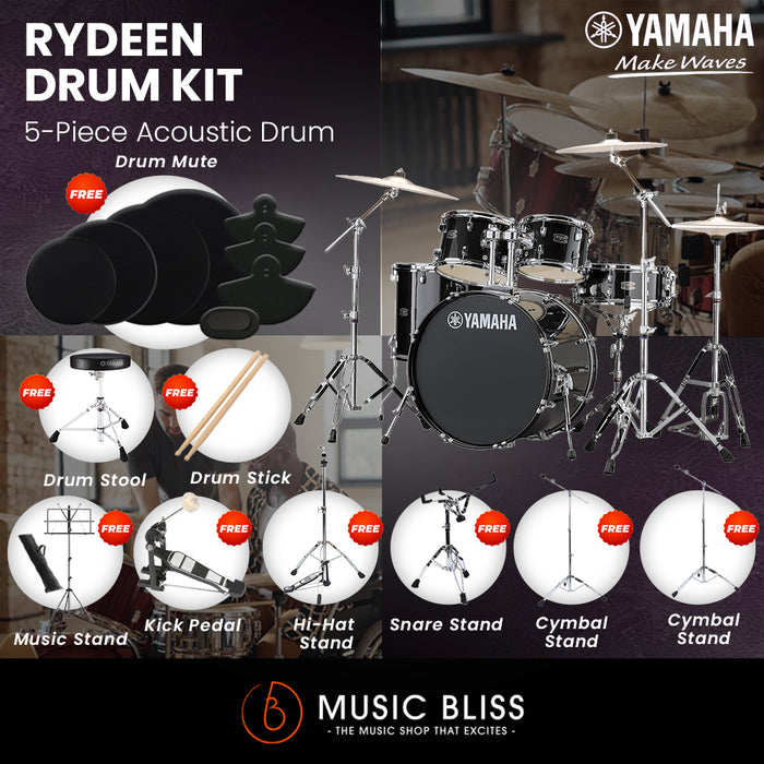 Yamaha Rydeen 5-Piece Acoustic Drum Kit – 22" Bass Drum – Shell Pack Only or Complete Package with Hardware & Cymbals - Black Glitter