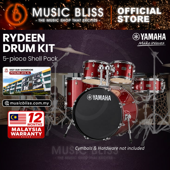 Yamaha Rydeen 5-Piece Acoustic Drum Kit – 20" Bass Drum – Shell Pack Only or Complete Package with Hardware & Cymbals - Burgundy Glitter