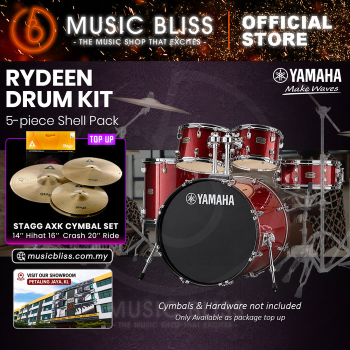 Yamaha Rydeen 5-Piece Acoustic Drum Kit – 20" Bass Drum – Shell Pack Only or Complete Package with Hardware & Cymbals - Burgundy Glitter
