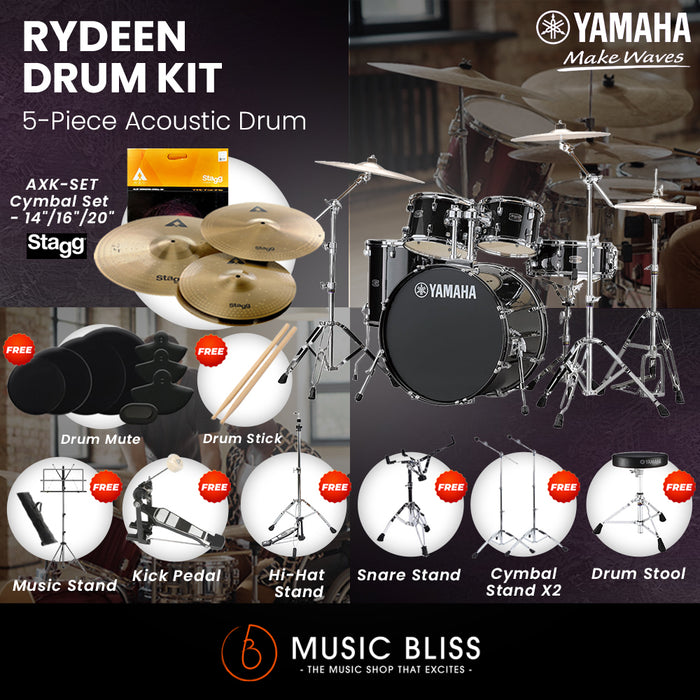 Yamaha Rydeen 5-Piece Acoustic Drum Kit – 22" Bass Drum – Shell Pack Only or Complete Package with Hardware & Cymbals - Black Glitter