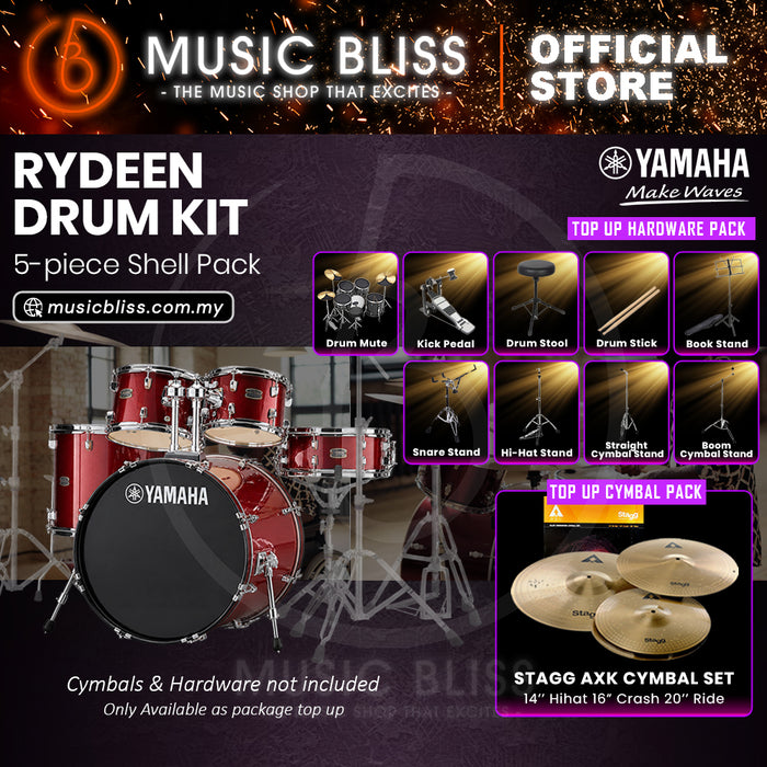 Yamaha Rydeen 5-Piece Acoustic Drum Kit – 20" Bass Drum – Shell Pack Only or Complete Package with Hardware & Cymbals - Burgundy Glitter