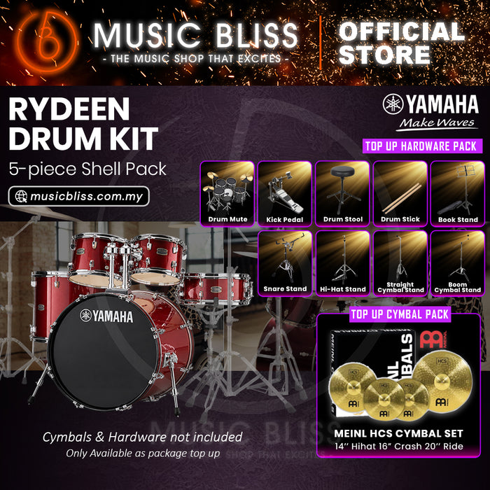 Yamaha Rydeen 5-Piece Acoustic Drum Kit – 20" Bass Drum – Shell Pack Only or Complete Package with Hardware & Cymbals - Burgundy Glitter