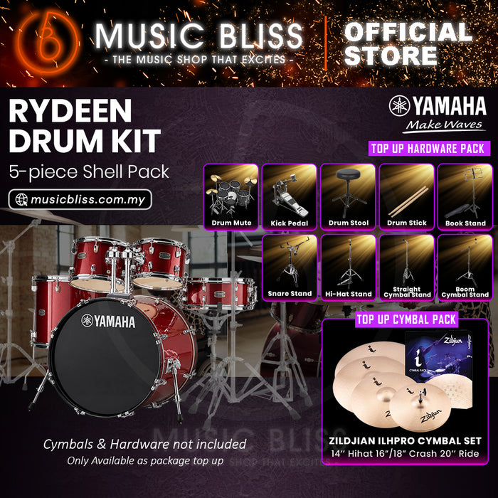 Yamaha Rydeen 5-Piece Acoustic Drum Kit – 20" Bass Drum – Shell Pack Only or Complete Package with Hardware & Cymbals - Burgundy Glitter