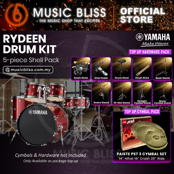 Yamaha Rydeen 5-Piece Acoustic Drum Kit – 20" Bass Drum – Shell Pack Only or Complete Package with Hardware & Cymbals - Burgundy Glitter