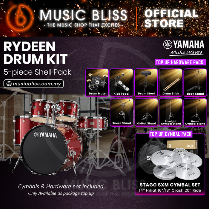 Yamaha Rydeen 5-Piece Acoustic Drum Kit – 20" Bass Drum – Shell Pack Only or Complete Package with Hardware & Cymbals - Burgundy Glitter
