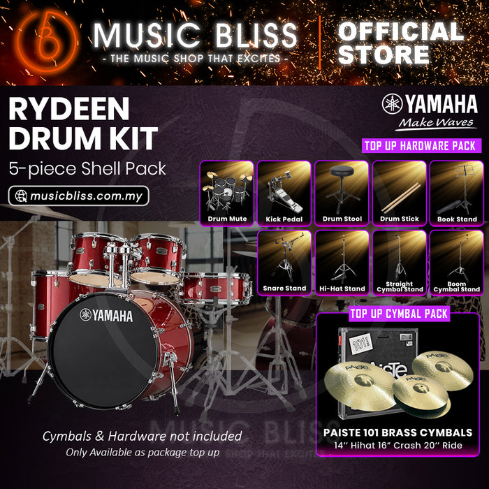 Yamaha Rydeen 5-Piece Acoustic Drum Kit – 20" Bass Drum – Shell Pack Only or Complete Package with Hardware & Cymbals - Burgundy Glitter