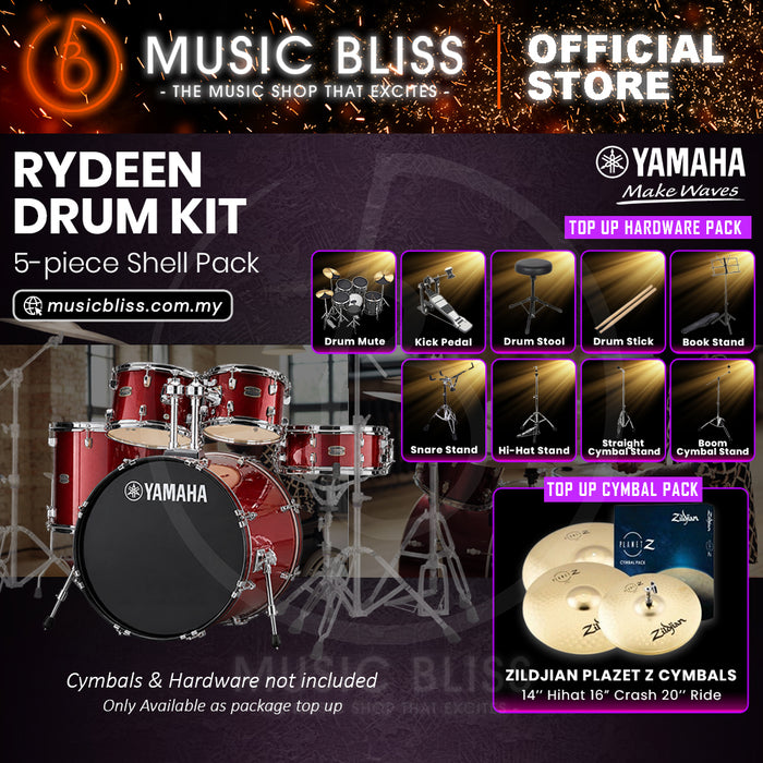 Yamaha Rydeen 5-Piece Acoustic Drum Kit – 20" Bass Drum – Shell Pack Only or Complete Package with Hardware & Cymbals - Burgundy Glitter