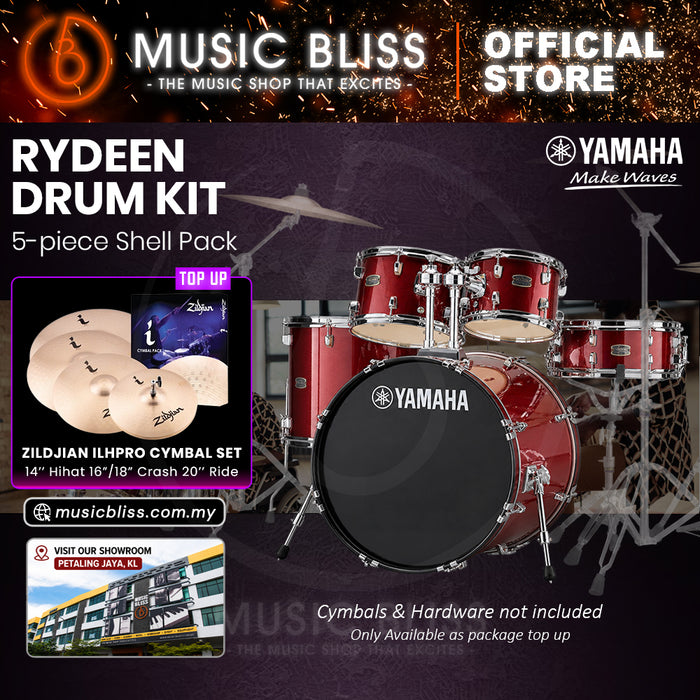 Yamaha Rydeen 5-Piece Acoustic Drum Kit – 20" Bass Drum – Shell Pack Only or Complete Package with Hardware & Cymbals - Burgundy Glitter