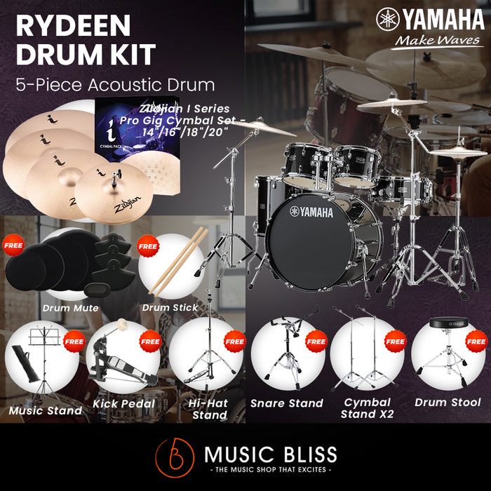 Yamaha Rydeen 5-Piece Acoustic Drum Kit – 22" Bass Drum – Shell Pack Only or Complete Package with Hardware & Cymbals - Black Glitter