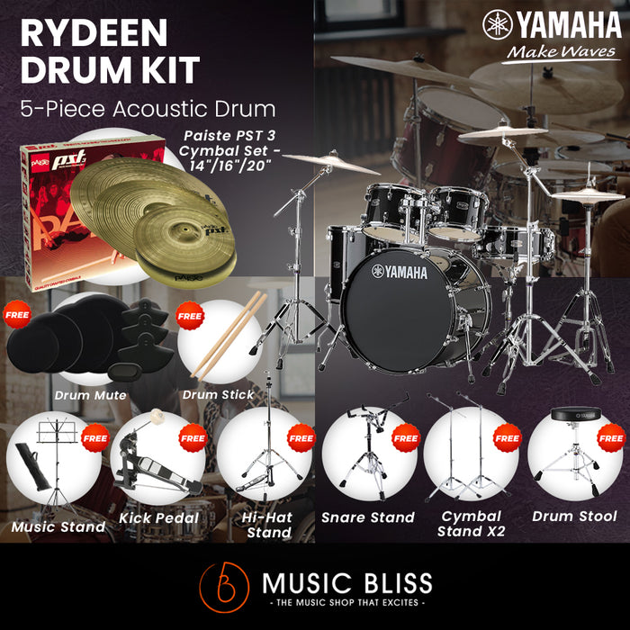 Yamaha Rydeen 5-Piece Acoustic Drum Kit – 22" Bass Drum – Shell Pack Only or Complete Package with Hardware & Cymbals - Black Glitter