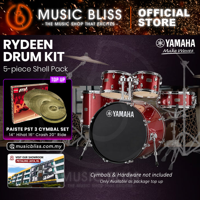 Yamaha Rydeen 5-Piece Acoustic Drum Kit – 20" Bass Drum – Shell Pack Only or Complete Package with Hardware & Cymbals - Burgundy Glitter