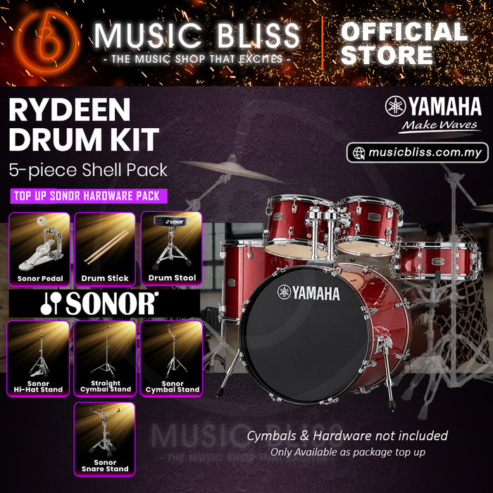 Yamaha Rydeen 5-Piece Acoustic Drum Kit – 20" Bass Drum – Shell Pack Only or Complete Package with Hardware & Cymbals - Burgundy Glitter
