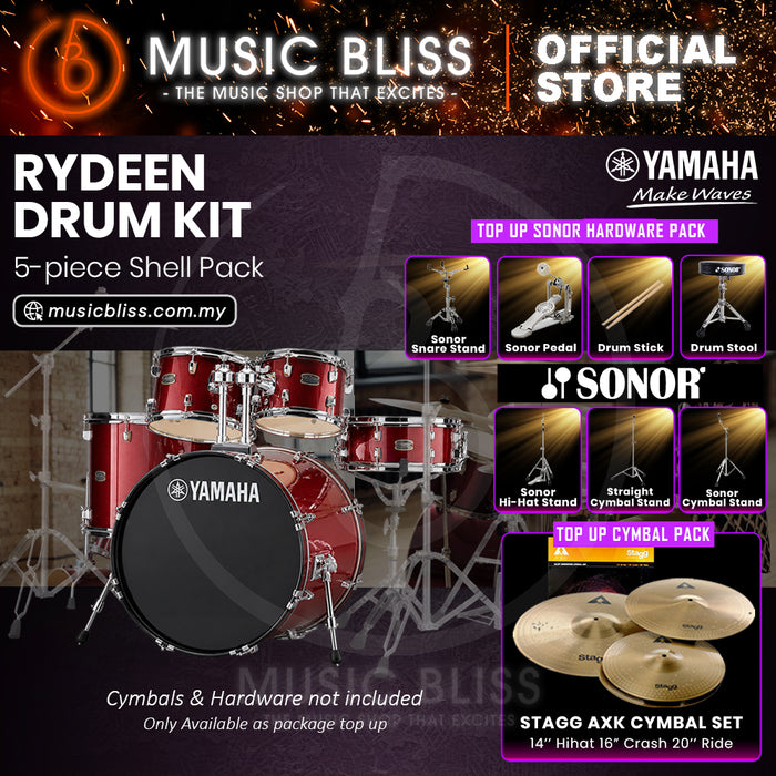 Yamaha Rydeen 5-Piece Acoustic Drum Kit – 20" Bass Drum – Shell Pack Only or Complete Package with Hardware & Cymbals - Burgundy Glitter