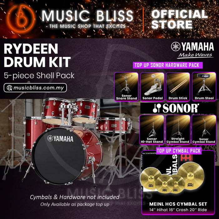 Yamaha Rydeen 5-Piece Acoustic Drum Kit – 20" Bass Drum – Shell Pack Only or Complete Package with Hardware & Cymbals - Burgundy Glitter
