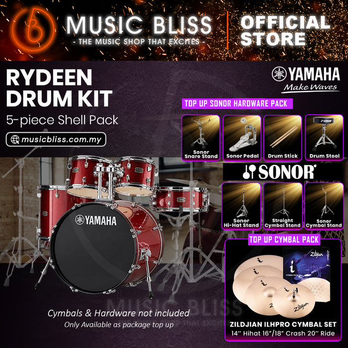 Yamaha Rydeen 5-Piece Acoustic Drum Kit – 20" Bass Drum – Shell Pack Only or Complete Package with Hardware & Cymbals - Burgundy Glitter