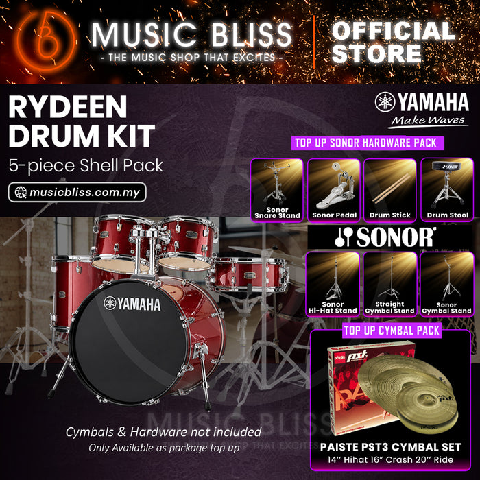 Yamaha Rydeen 5-Piece Acoustic Drum Kit – 20" Bass Drum – Shell Pack Only or Complete Package with Hardware & Cymbals - Burgundy Glitter