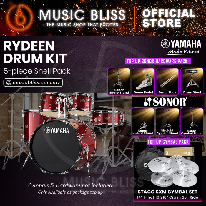 Yamaha Rydeen 5-Piece Acoustic Drum Kit – 20" Bass Drum – Shell Pack Only or Complete Package with Hardware & Cymbals - Burgundy Glitter