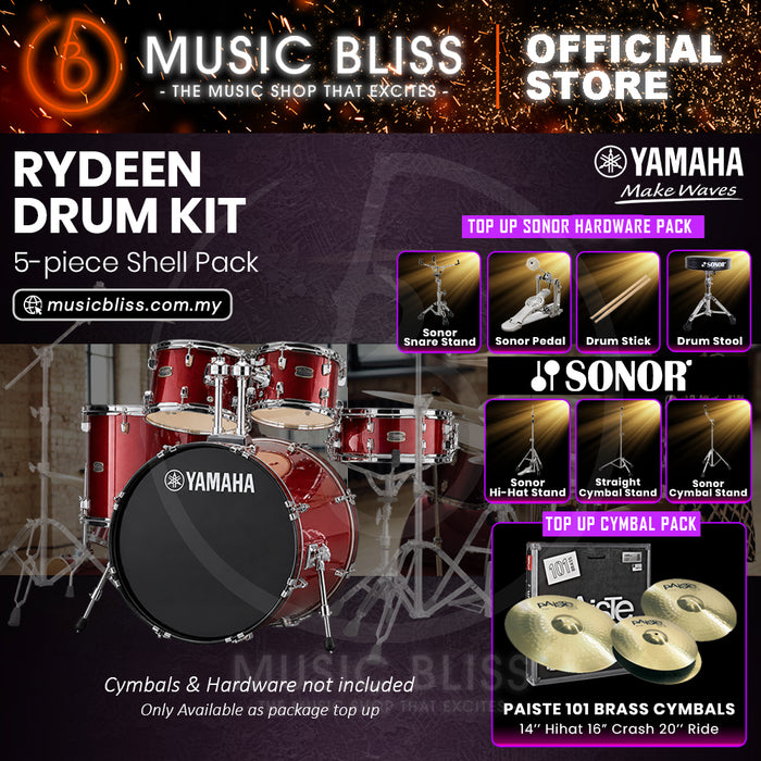 Yamaha Rydeen 5-Piece Acoustic Drum Kit – 20" Bass Drum – Shell Pack Only or Complete Package with Hardware & Cymbals - Burgundy Glitter
