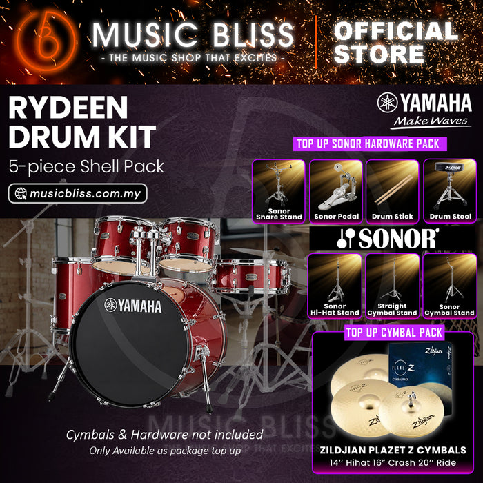 Yamaha Rydeen 5-Piece Acoustic Drum Kit – 20" Bass Drum – Shell Pack Only or Complete Package with Hardware & Cymbals - Burgundy Glitter